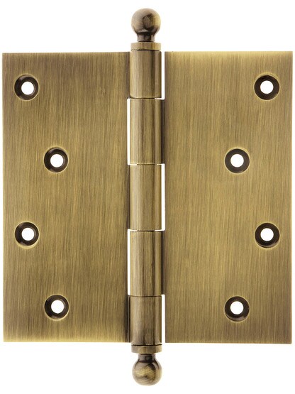 4 1/2 inch Solid Brass Door Hinge With Ball Finials in Antique Brass Finish